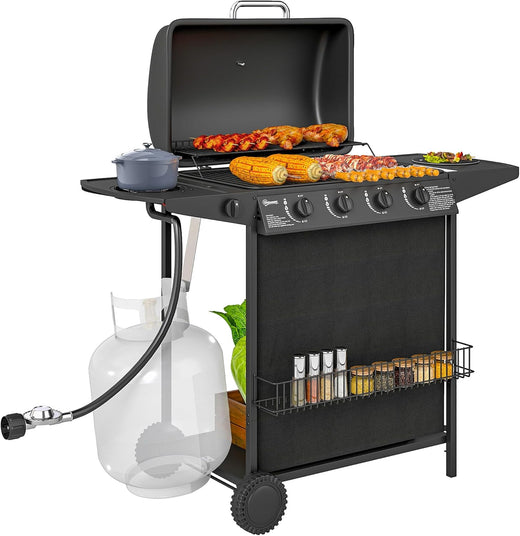 4 1 Burner Propane Gas BBQ Grill, Portable Gas Barbecue Grill with Side Burner, Thermometer, Lid, Side Table, Shelf, Spice Rack, Wheels, Grease Cup for Garden, Black