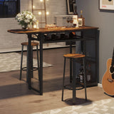 Bar Table and Chair Set, Industrial Expandable Dining Table with 2 Bar Stools, Kitchen Counter with Wine Rack & 3 Tier Adjustable Storage Shelves Rustic Brown image 2