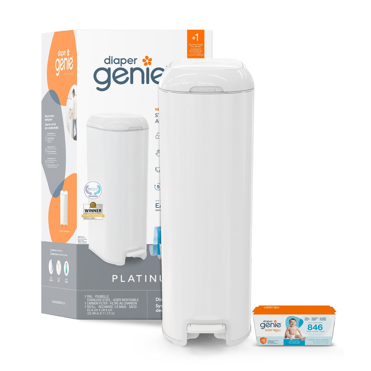 Diaper Genie Platinum Stainless Steel Pail, White