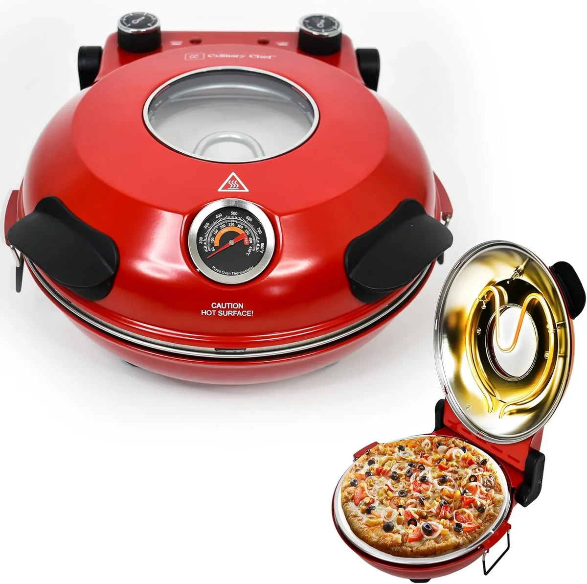 Electric Pizza Oven with Ceramic Stone, Viewing Window, Adjustable Heat Control, Timer and 1200W Baking Power, DIY Homemade Pizzeria, Large 12-- Pie Capacity (Black)