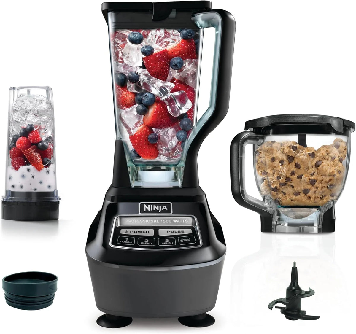 Blender, Mega Kitchen System, 1500W, 4 Functions for Smoothies, Processing, Dough, Drinks & More, with 72 Blender Pitcher, 64 Processor Bowl, 2 Nutri Cups Lids, Black, BL770