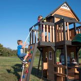 Backyard Discovery Canyon Creek Cedar Wood Swing Set with Wave Slide, Clubhouse, Play Kitchen, Picnic Area, Belt Swings, Web Swing, Rock Wall, Balconies, Playhouse, Step Ladder, Outdoor Playset image 3