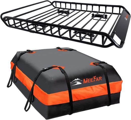 Roof Rack Carrier Basket Universal Rooftop 51" X 36" X 5" Waterproof Bag 15 Cubic Feet (44" 34" 17"), and Cargo Net with Attachment Hooks, Ratchet Straps