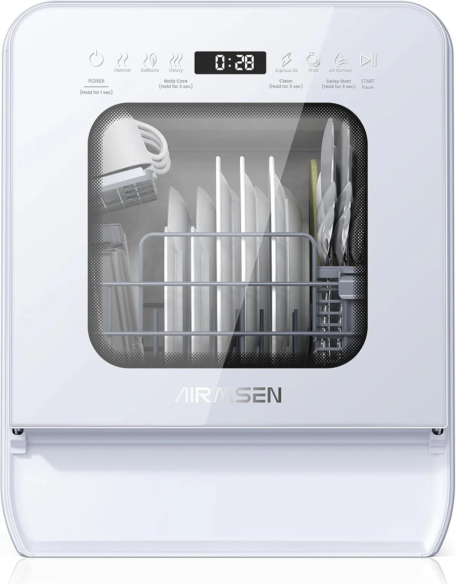 Desktop dishwasher set, double-layer shelf design, portable dishwasher, built-in 5-liter water tank, 3 spray arms, 12-hour delay start, no need to connect power supply, white model