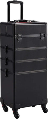 4 in 1 Professional Rolling Aluminum Cosmetic Makeup Train Organizer Storage Case Artist Train Case Salon Beauty Cosmetic Jewelry Organizer Trolley with 4 Wheels (All Black) image 3