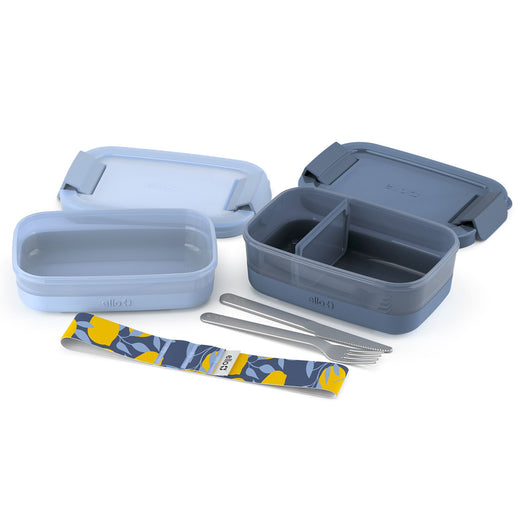 ello Stackable Bento Lunch Food Storage Container with Stainless Steel Flatware, Blue, 2-pk