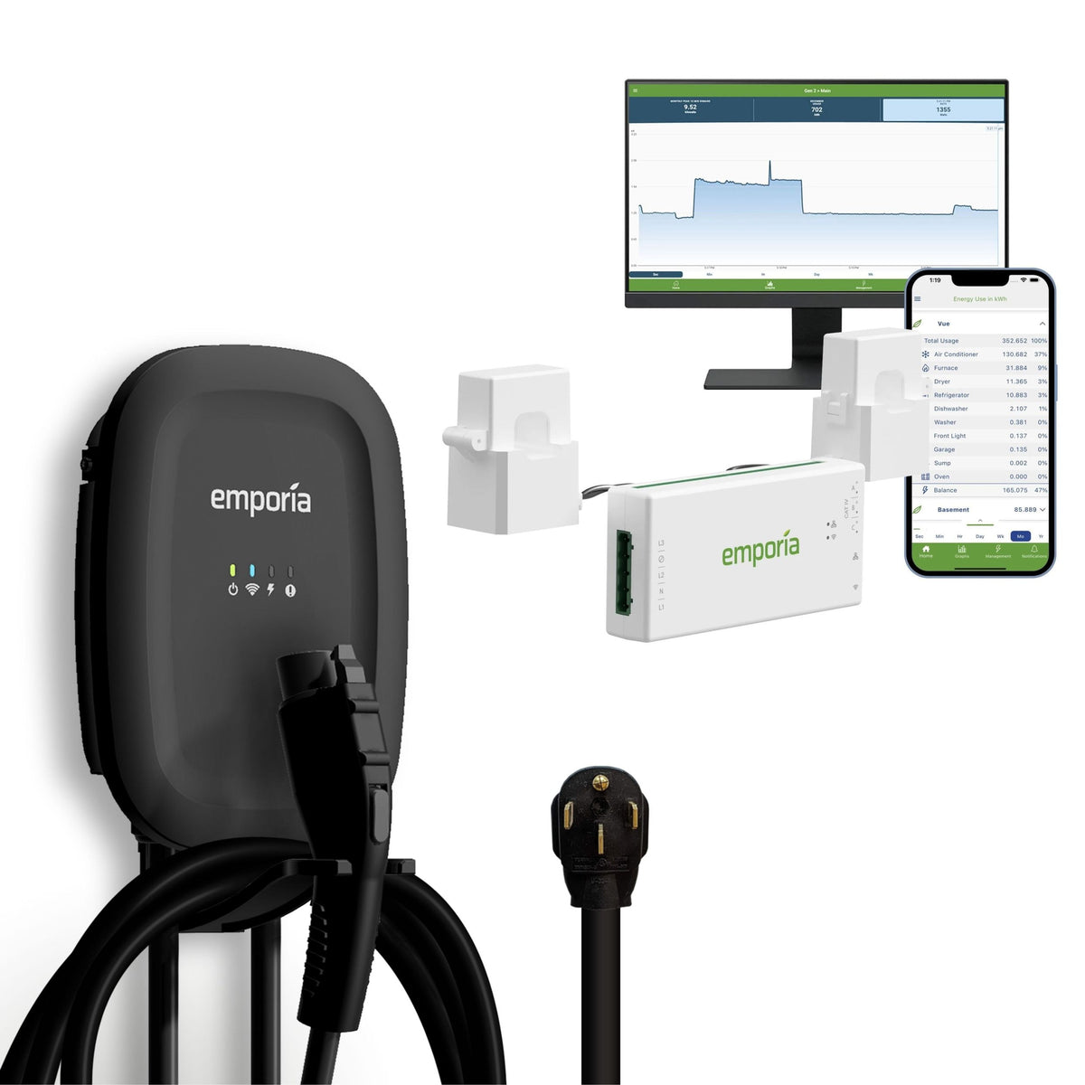 Emporia 40A Wi-Fi Level 2 NEMA 14-50 J1772 EV Charger with Load Management