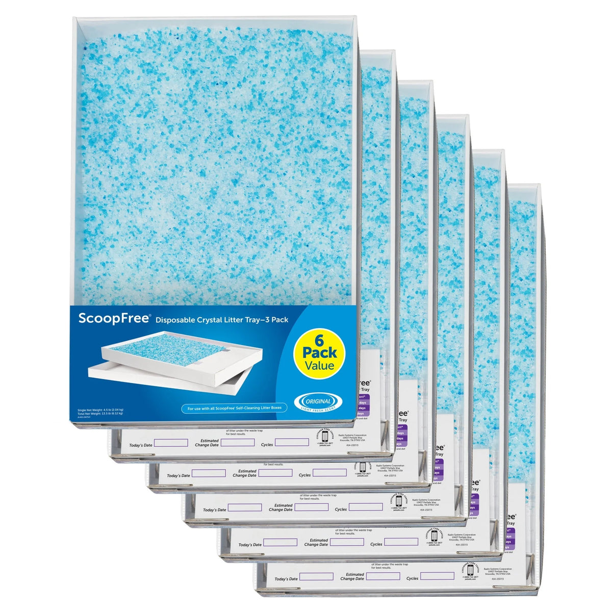 ScoopFree Complete Replacement Blue Crystal Litter Tray-- 6-Pack Easy Cleanup with Disposable Tray Includes Leak Protection and Low Tracking Litter