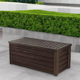570-liter storage box, all-weather resin boat-shaped storage box, and stylish outdoor bench with piston-assisted lockable lid and side handles, dark coffee color version image 2