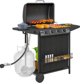 4 1 Burner Propane Gas BBQ Grill, Portable Gas Barbecue Grill with Side Burner, Thermometer, Lid, Side Table, Shelf, Spice Rack, Wheels, Grease Cup for Garden, Black