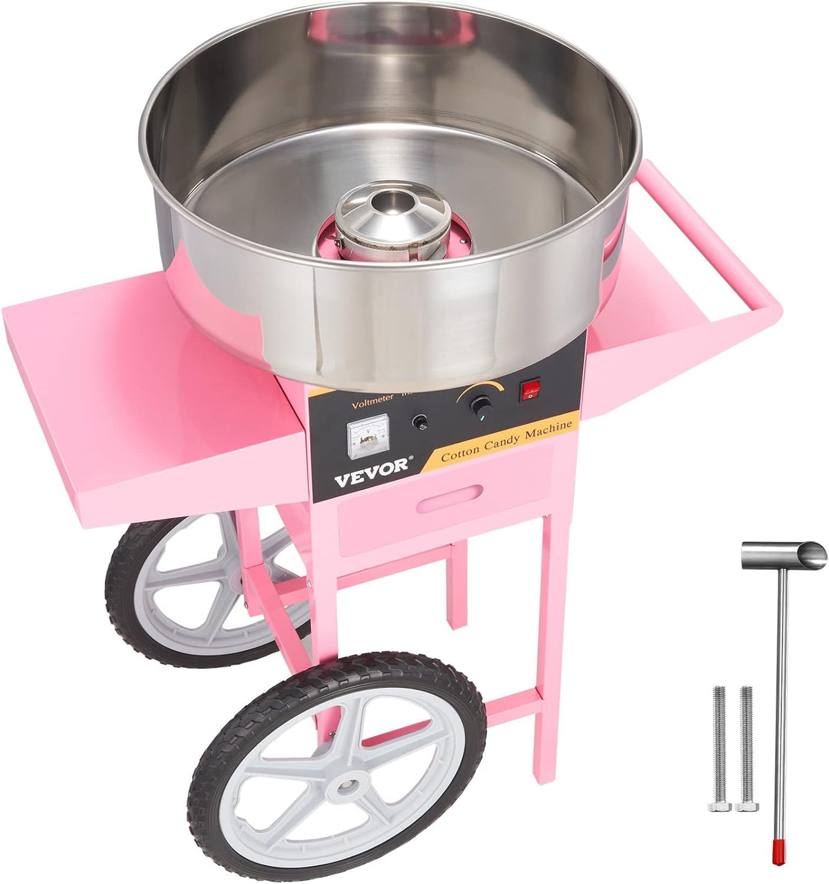 Electric Cotton Candy Machine with Cart, 1000W Commercial Floss Maker with Stainless Steel Bowl, Sugar Scoop and Drawer, Perfect for Home, Kids Birthday, Family Party, Pink