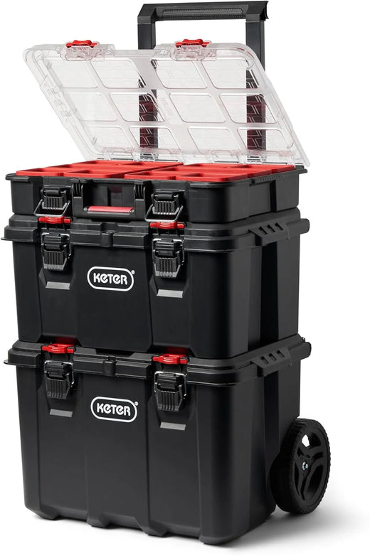 Stack-n-Roll Modular Tools Organizer for Garage Storage and DIY, 3 Piece Resin Rolling Tool Box System for Small Parts