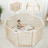 Baby Playpen & Gate - 144 x 144 x 63 cm, Extends Up to 579 cm - Pine Wood Foldable Playpen with Child-Proof Lock - Safe Play Fence Easy Assembly Baby Play Yard - Light Wood White image 3