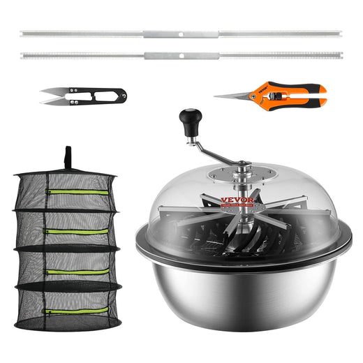 Leaf trimmer, 16-inch trimming bowl, manual flower branch trimmer, equipped with stainless steel blades for rotary trimming, transparent observation cover, foldable herb drying rack and handheld trimmer are all included.