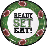 Football "Ready Set Eat" Round Plastic Melamine Reusable Serving Platter, Green, 13.5-in, for Sports Party