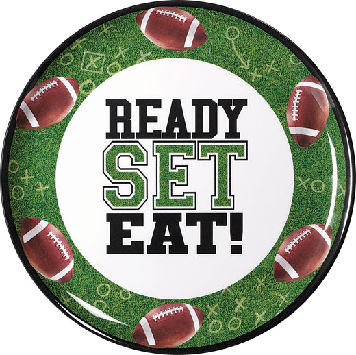 Football "Ready Set Eat" Round Plastic Melamine Reusable Serving Platter, Green, 13.5-in, for Sports Party