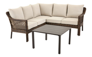 FOR LIVING Bracebridge All-Weather Wicker Outdoor Patio Sectional with Woodgrain Steel Table Top, Brown, 3-pc