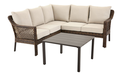 FOR LIVING Bracebridge All-Weather Wicker Outdoor Patio Sectional with Woodgrain Steel Table Top, Brown, 3-pc