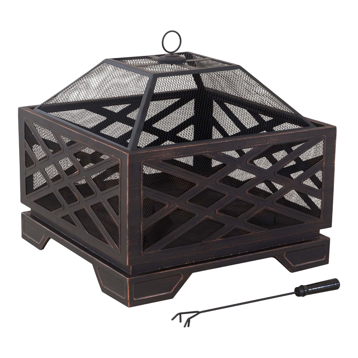 For Living Lawrence Steel Outdoor Wood Burning Fire Pit with Fireplace Poker, 25 x 25 x 26-in