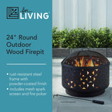 For Living Round Outdoor Wood Burning Fire Pit, Steel, Black, 24-in image 3