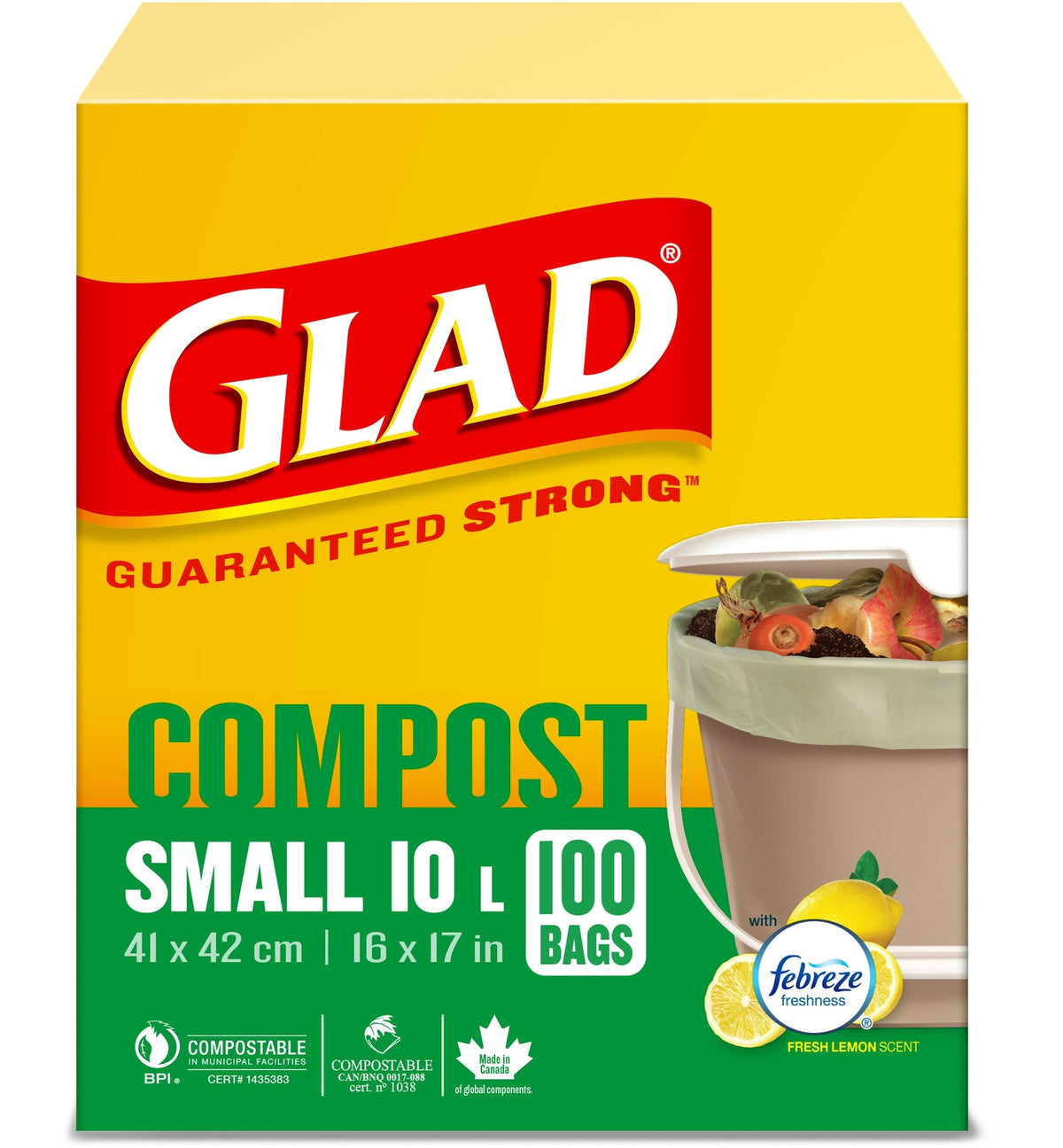 Glad Small 100% Compostable Febreze Lemon Scented Food Waste Bags, 100-pk, 10-L