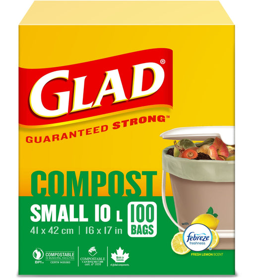Glad Small 100% Compostable Febreze Lemon Scented Food Waste Bags, 100-pk, 10-L