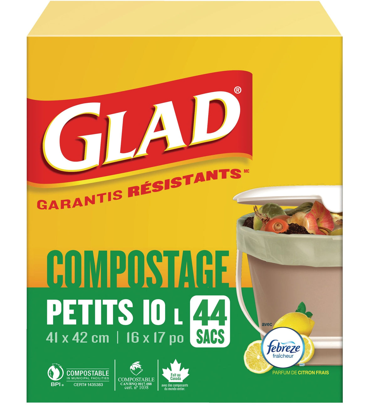 Glad Small 100% Compostable Febreze Lemon Scented Food Waste Bags, 44-pk, 10-L
