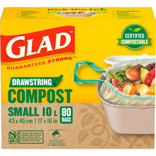 Glad Small Certified Compostable Drawstring Food Waste Bags, 80-pk, Opaque, 10-L
