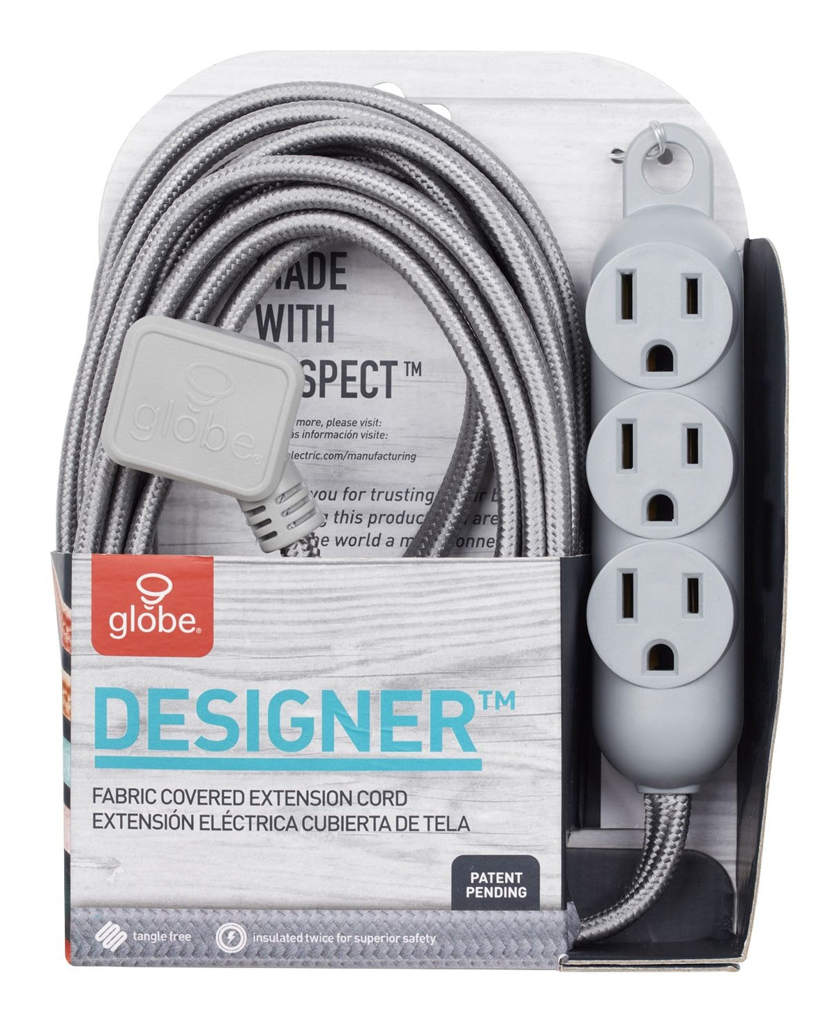 Globe 12-ft 16/3 Fabric Extension Cord, Right Angle Plug, 3 Outlets, Grey