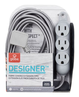 Globe 12-ft 16/3 Fabric Extension Cord, Right Angle Plug, 3 Outlets, Grey