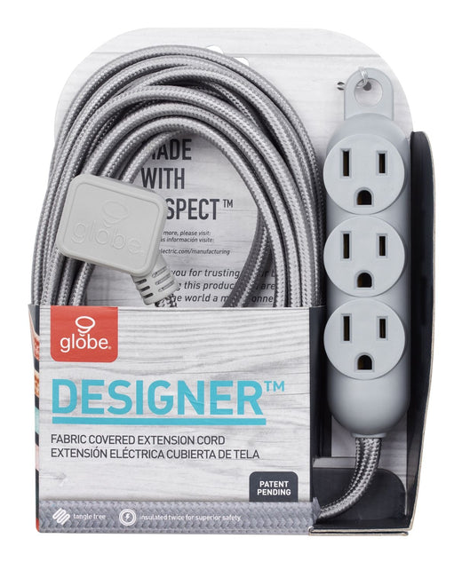 Globe 12-ft 16/3 Fabric Extension Cord, Right Angle Plug, 3 Outlets, Grey