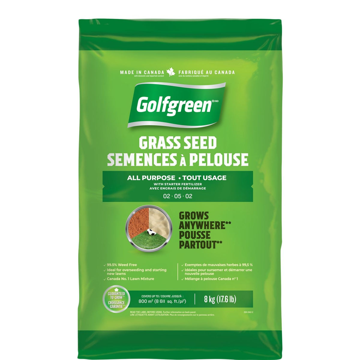 Golfgreen All Purpose Grass Seed with Starter Fertilizer, Weed-Free, 2-5-2, 8kg