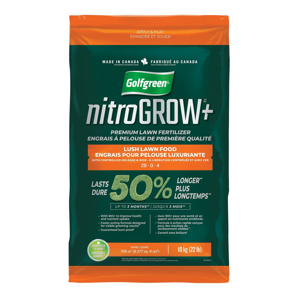Golfgreen Nitrogrow+ Premium Nitrogen Enriched Lush Lawn Fertilizer, 28-0-4, 10kg