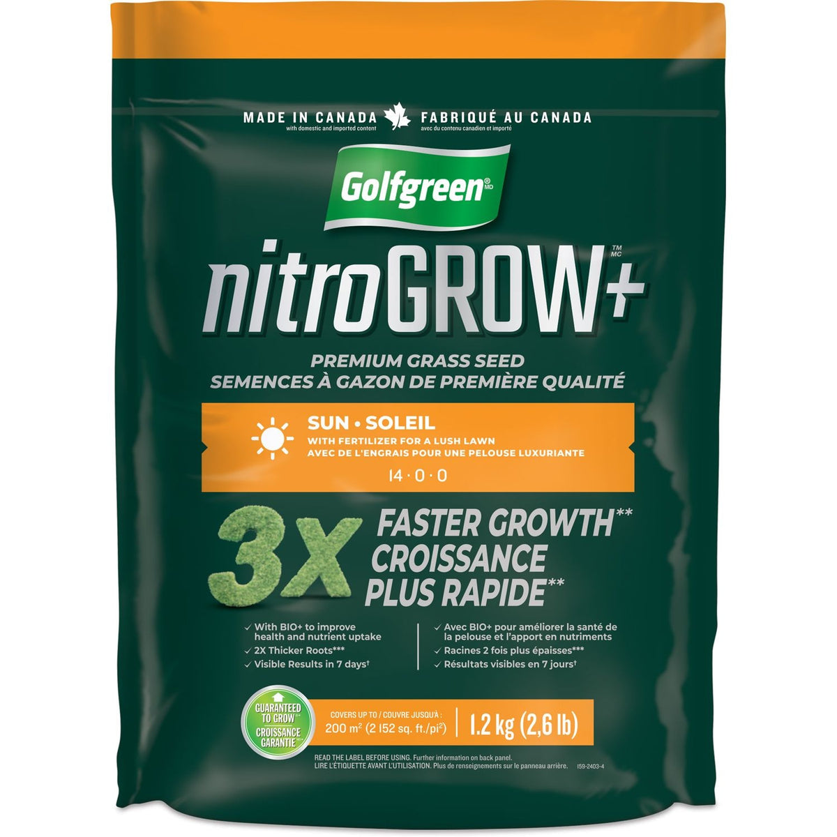 Golfgreen Nitrogrow+ Premium Nitrogen Enriched Sun Grass Seed with Fertilizer, 14-0-0, 1.2kg