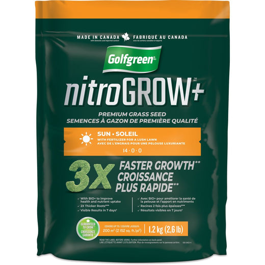 Golfgreen Nitrogrow+ Premium Nitrogen Enriched Sun Grass Seed with Fertilizer, 14-0-0, 1.2kg