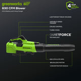 Greenworks 60V 630CFM 170MPH Leaf Blower 2.5Ah Battery 3A Charger image 5