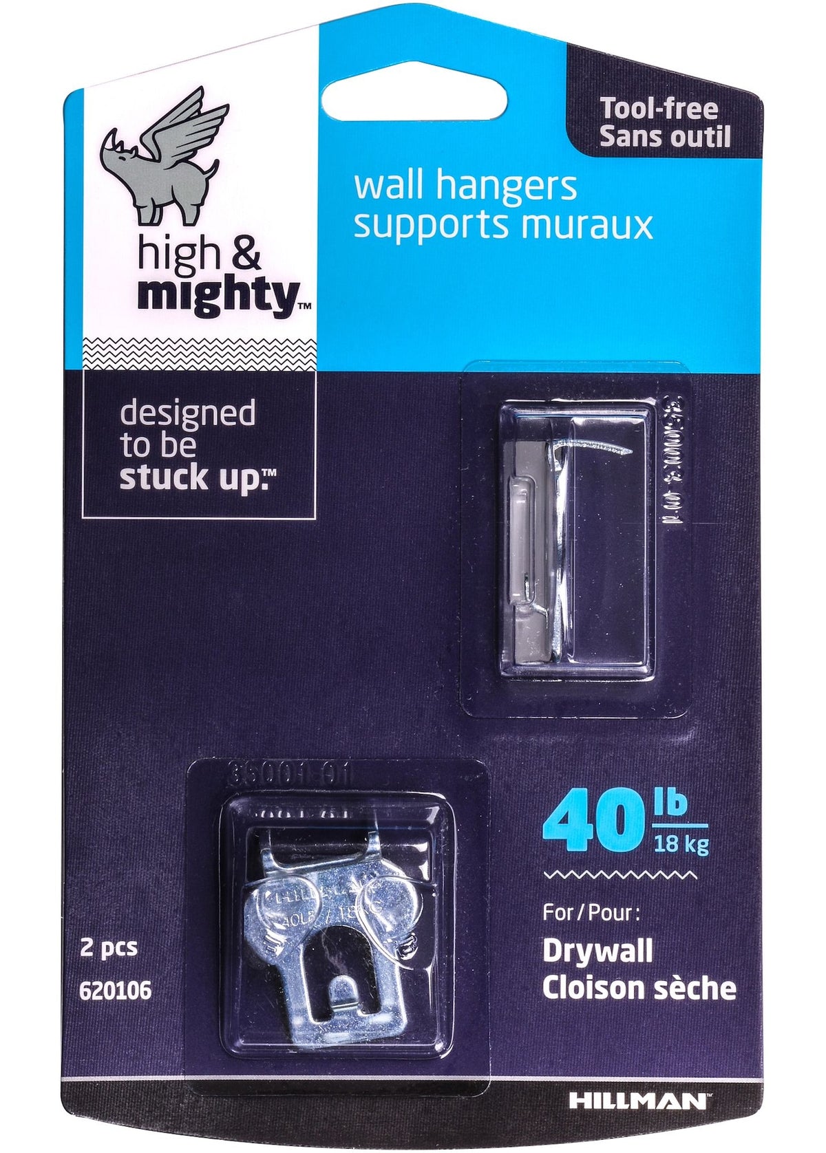 High & Mighty Canvas WAll Hanger, Easy to Remove, 40-lb Capacity, Silver, 2-pk