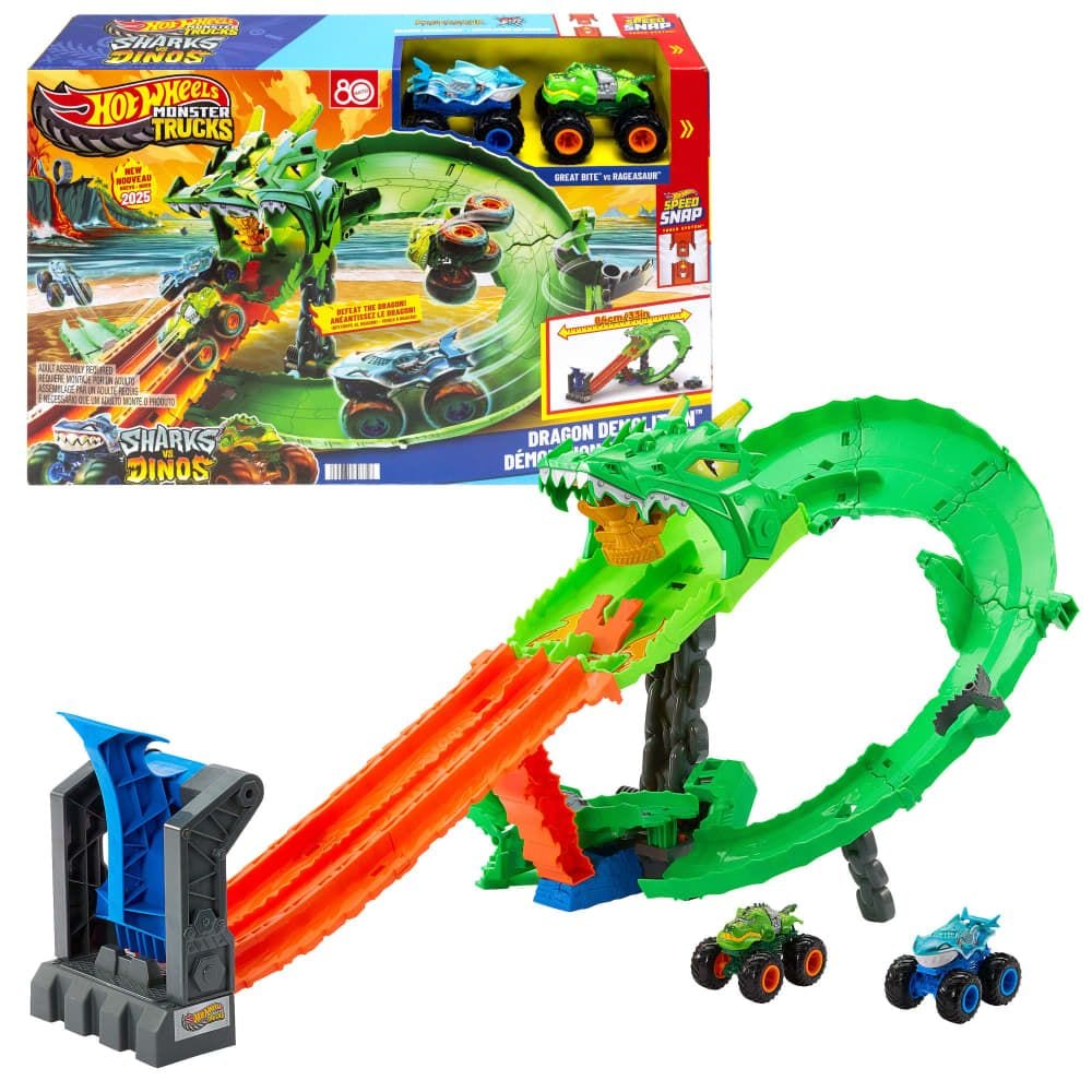 Hot Wheels Sharks vs. Dinos Dragon Destruction Playset with 2 1:64 Hot Wheels Monster Trucks