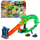 Hot Wheels Sharks vs. Dinos Dragon Destruction Playset with 2 1:64 Hot Wheels Monster Trucks