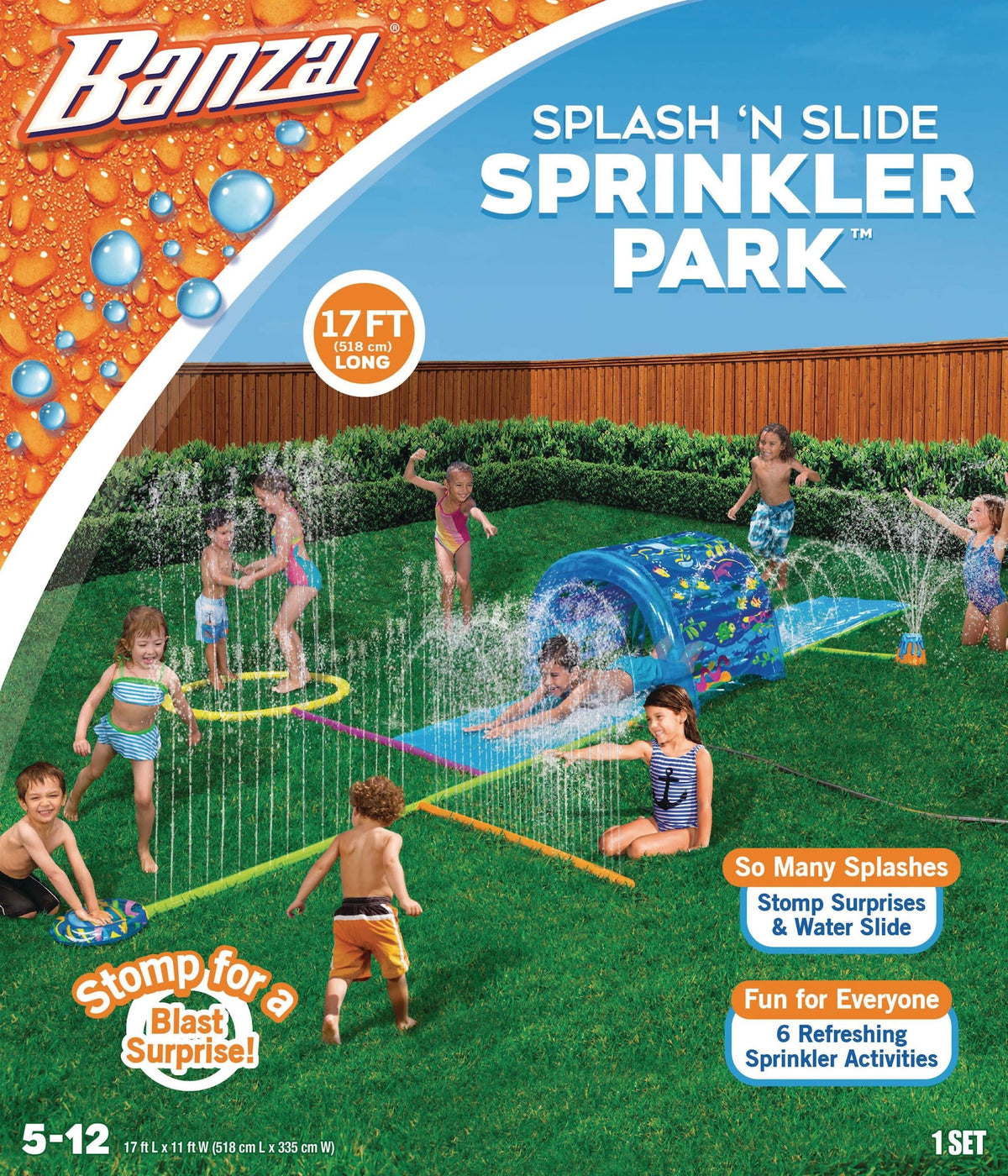 Inflatable Splash ‘N Slide Water Sprinkler Park, Blue, 17-ft, Ages 5+, for Beach/Pool Fun Activities