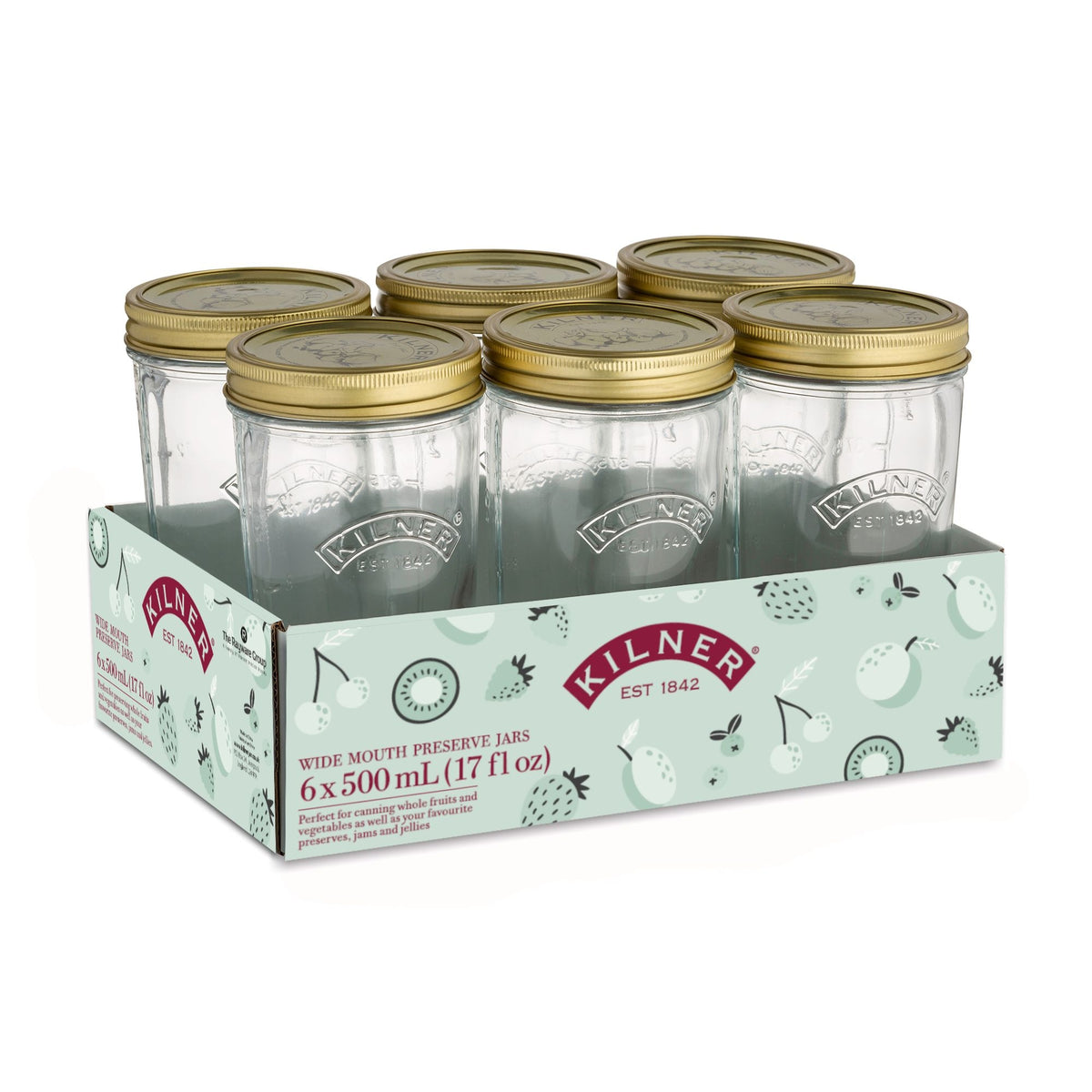 Kilner Wide Mouth Glass Mason Jars with Sealing Lids, 500-mL, 6-pk