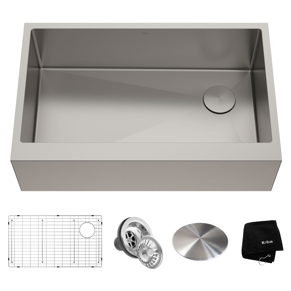 Kraus Kore Apron Front Farmhouse Stainless Steel Single Bowl Kitchen Sink with Add-Ons, 33x21x10-in