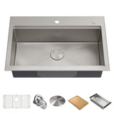 Kraus Kore Top/Undermount Stainless Steel Single Bowl Kitchen Sink with Add-Ons, 32x21x9-in