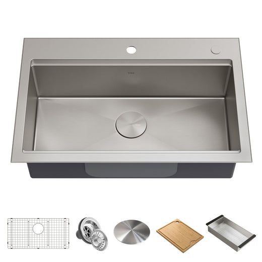 Kraus Kore Top/Undermount Stainless Steel Single Bowl Kitchen Sink with Add-Ons, 32x21x9-in