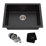 Kraus Quarza Top/Undermount Granite Single Bowl Kitchen Sink, Black Onyx, 24x18x9-in