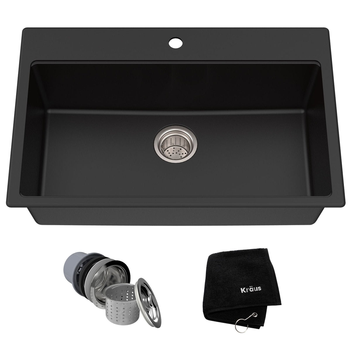Kraus Quarza Top/Undermount Granite Single Bowl Kitchen Sink, Black Onyx, 31x20x9-in