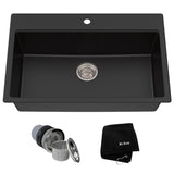 Kraus Quarza Top/Undermount Granite Single Bowl Kitchen Sink, Black Onyx, 31x20x9-in