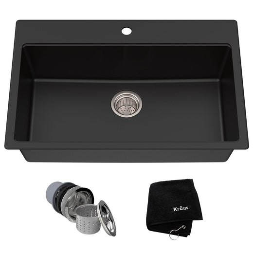 Kraus Quarza Top/Undermount Granite Single Bowl Kitchen Sink, Black Onyx, 31x20x9-in