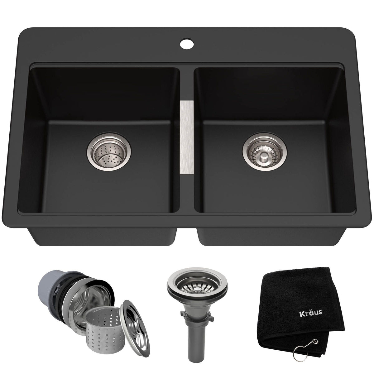 Kraus Quarza Undermount Granite Double Bowl Kitchen Sink, Black Onyx, 33x22x10-in
