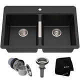 Kraus Quarza Undermount Granite Double Bowl Kitchen Sink, Black Onyx, 33x22x10-in